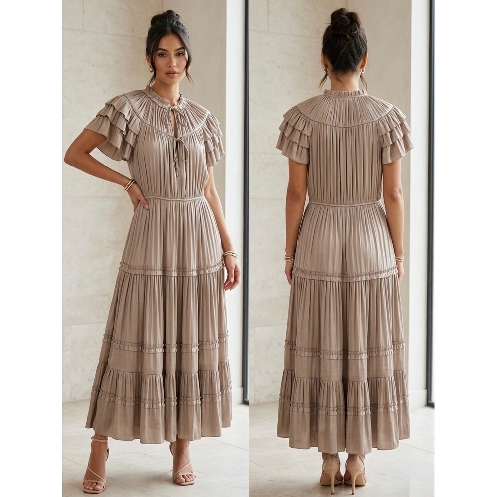RESET Pleated Tiered Maxi Dress Medium Taupe Mushroom Satin‎ Flutter Sleeve Boho